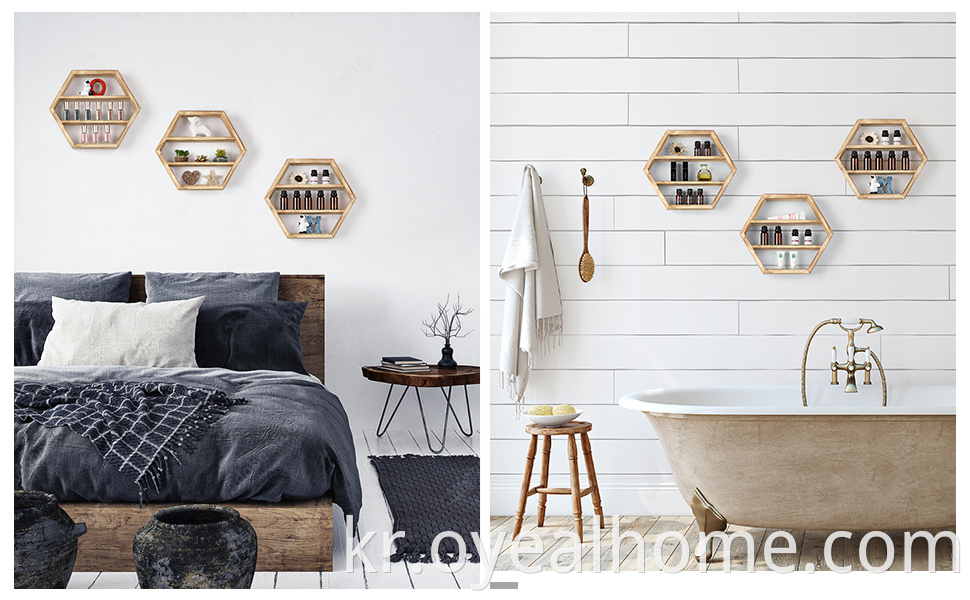 Wall Mounted Wooden Hexagon Floating Shelf